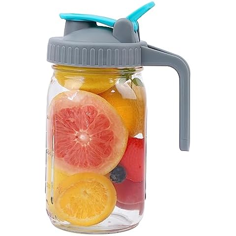 Mason Jar Pitcher 32 Oz Wide Mouth With Handle And Pour Spout Lids, Leak Proof 1 Quart Glass Pitchers With Flip Cap Airtight Water Jug For Cold Brew Coffee Sun Tea Lemonade Milk Cover