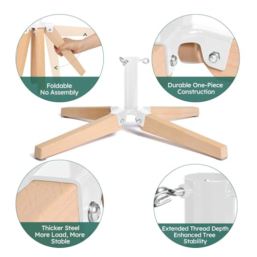 HarcoHome Foldable Christmas Tree Stand for 8ft Artificial Trees, Heavy-duty Metal and Beech Wood Base with Deep Threads, Stable Fit for up to 1.25 in Pole Diameter, Xmas Tree Decoration (White)