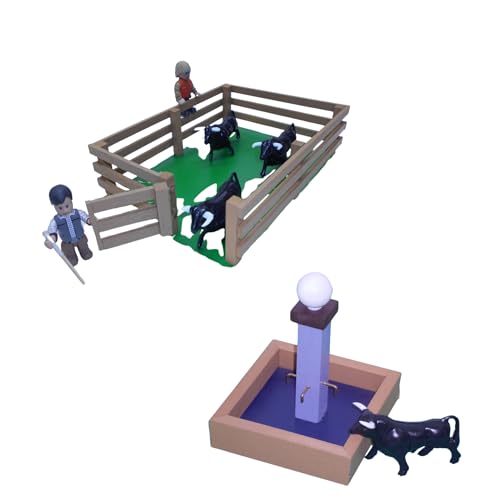 AMBIENTS ARTESANIA Set Taurino: Corral de Toros Pequeño + Fuente para Encierros – Juguetes Artesanales en Madera MDF con 3 Toritos
