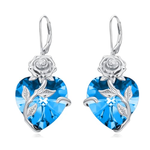 OCJ Birthstone Earrings for Women 925 Sterling Silver Rose Flower Leverback Earrings Heart Birthstone Dangle Drop Jewelry Anniversary Birthday Gifts for Women Her Wife Girlfriend