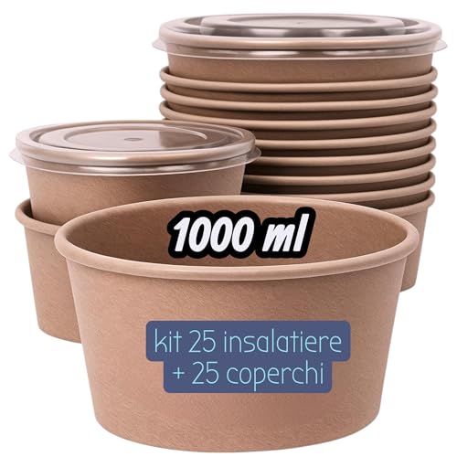 Terryshop74 Kit 50 Pezzi Insalatiere da Pokè 1000 ml in Cartone Kraft con Coperchi – 25 Ciotole + 25 Tappi Ermetici – Contenitori Monouso Grandi per Insalate e Pokè Bowl