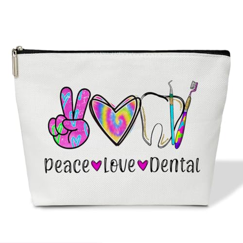 JIRIM-BEUTY Peace Love Dental Cosmetic Bag Dental Assistant Gifts Canvas Make up Bag with Zipper Travel Toiletry Bag with Lining Multifunction Make up Bags Thank You Gifts for Hygienist - M756