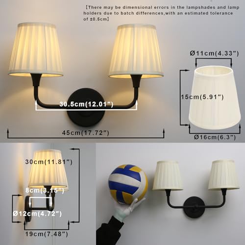 Image of Yosoan 2-Light Brass Beige-Yellow Pleated Fabric Shade Wall Sconce, Vanity Vintage Industrial Hardwired Indoor Boho Wall Mounted with Cup Funnel Shade for Kitchen Living Room Staircase(Black)
