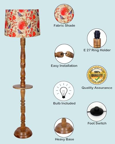 Image of HomesakeRustic Wood Floor Lamp for Living Room Walnut Brown with Multicolor Lamp Shade | Light Decor for Home Corner Lamp for Living Room & Bedroom | Antique Standing Lamp, Tray End Table, Bird