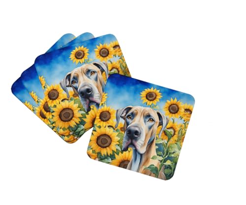 Caroline's Treasures Great Dane in Sunflowers Foam Coasters Set of 4 Cup Coasters for Indoor Outdoor, Tabletop Protection, Anti Slip, Mouse pad Material