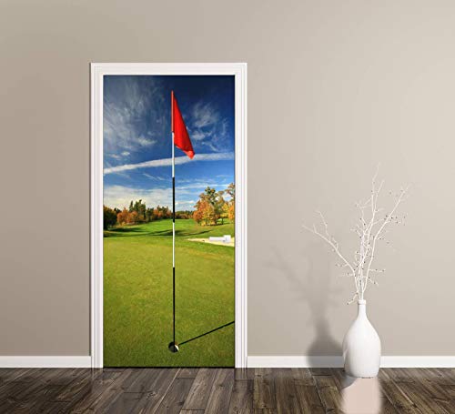 3D Door Decal Red Flag On A Beautiful Golf Course In Fall Door Stickers Removable Adhesive Pvc Door Wall Mural Door Wallpaper Door Art For Home Decor 30.3" W X 78.7" H #TOP3