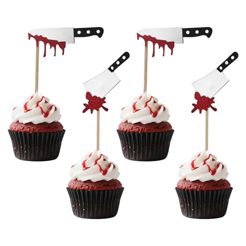 24pcs Halloween Cupcake Toppers, Glitter Horror Blood Knife Cupcake Picks Scary Killer Birthday Decorations for Themed Party Supplies