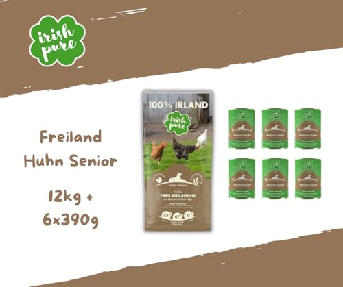 Irish Pure Freiland-Huhn Senior – 12kg + 6x390g - getreidefreies Trockenfutter & Nassfutter für ältere Hunde – mit Kelp-Alge – 100 % natürlich & artgerecht - optimal ausgewogene Ernährung - Sparpaket