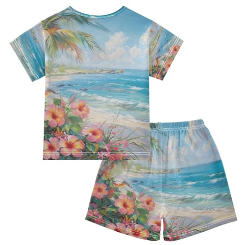 ALAZA Tropical Flowers on The Summer Beach Pajama Set Short Sleeve Sleepwear Soft Lounge Nightwear2