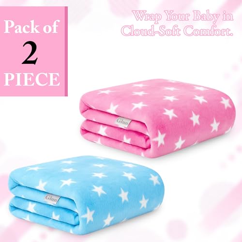Image of GLUN Fleece Baby Blanket for Newborn, Pack of 2 Different Colours Blue & Pink Combo, All-Season Blanket Ultrasoft Baby Blanket for Babies