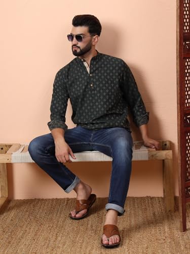 Image of LATEST CHIKAN Men's Cotton Regular Self Design Short Kurta Full Sleeves - Casual Ethnic Wear