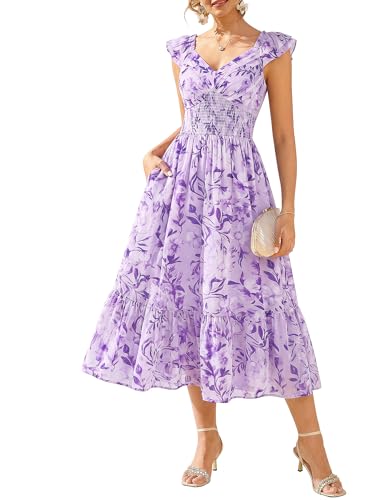 Image of GRACE KARIN Women's Summer Floral Maxi Dress 2026 Ruffle Sleeve Smocked Sundress Flowy Wedding Guest Long Dresses with Pocket