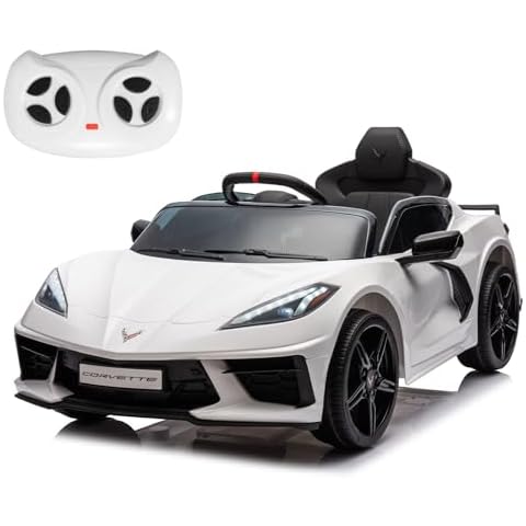KORIMEFA Electric Ride on Car for Kids 12V Licensed Chevrolet Corvette C8 Ride On Car Remote Control Bluetooth Music MP3 Player 2 Speeds Battery Powered Roadster Toy for Boys & Girls, White Cover
