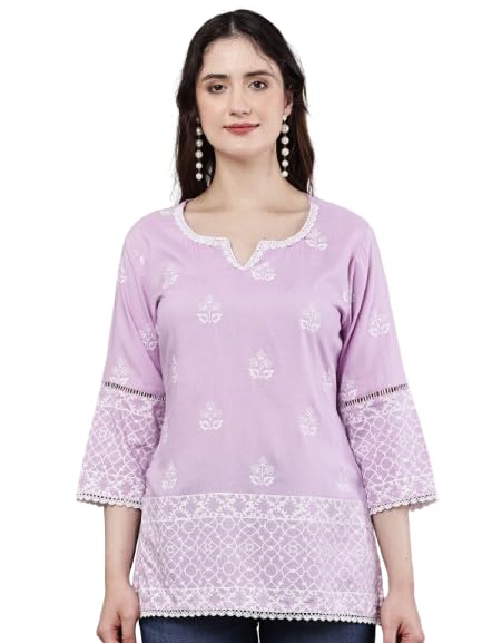 Image of Women's Pink Printed Short Kurti with Lace Trim, 3 /4 Sleeves, Ethnic Indian Style Top