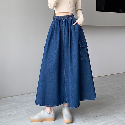 Women's Retro High Waisted Elastic Fly Flared Long Jean Skirts Pleated Flowy Swing A-line Denim Skirt with Pocket3