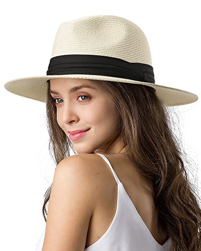 FURTALK Womens Mens Wide Brim Straw Panama Hat Fedora Summer Beach Sun Hats UPF Straw Hat for Women