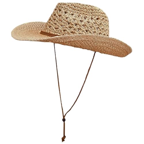 Vistnale Chapeau de Cowboy en Paille à Large Bord, Chapeau de Cow-Girl Occidental tissé Respirant avec mentonnière, Protection Solaire, Cowboy Kaki pour Pique-Nique en Bord mer, Plage |.Chapeaux