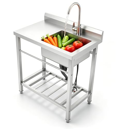 Fregadero de acero inoxidable independiente con grifo giratorio de 360 ° y armario de nido de un solo cuenco, fregadero comercial, fregadero de cocina comercial, altura ajustable