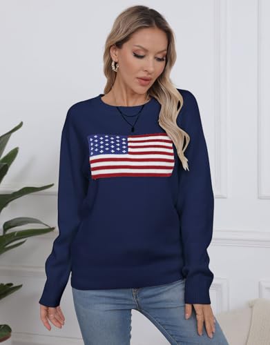 Image of Women's American Flag Pullover Sweaters Long Sleeve Crew Neck Knit Sweater