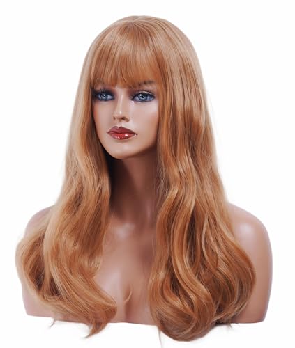 NJJYXH 22 Inches Strawberry Blonde Wigs for Women Long Wavy Wig with Neat Bangs Synthetic Natural Ginger Wig for Cosplay Halloween Daily Use