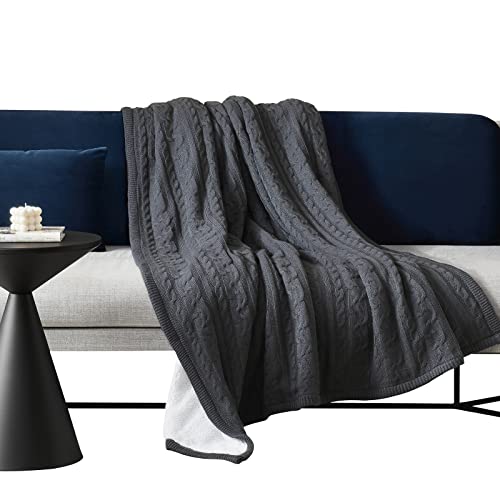 Bedfolks Cable Knit Sherpa Throw Blanket, Reversible Cozy Knitted Fleece Blankets, Thick, Soft, Warm Blanket For Couch, Sofa, Bed - 50 X 60Inches Dark Grey All Season #TOP5