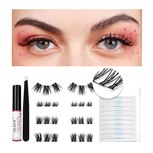 CALAILIS DIY Eyelash Extension Kit,Individual Cluster Lashes Kit Faux Mink Lashes Naturals Super Thin Glue-based Band with 48 Hours Cluster Lash Glue, Tweezers and Cotton Swab Glue Remover,02 kit