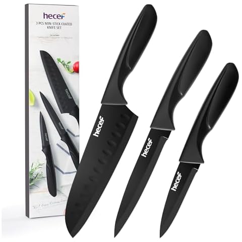 hecef Black Kitchen Knife Set of 3, Sharp Knives with Stainless Steel Blade & Lightweight Handle, Non-stick Black Coating Chef Knife Set includes 7" Santoku Knife, 5"Utility Knife and 3.5"Paring Knife Cover
