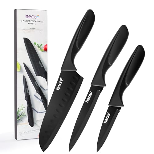 hecef Juego de Cuchillos de Cocina, 3 Piezas Cuchillos en Acero Inoxidable con Revestimiento Antiadherente, Mango Ergonómico, Aptos para Lavavajillas, Diseño Moderno para Uso Diario, Negro