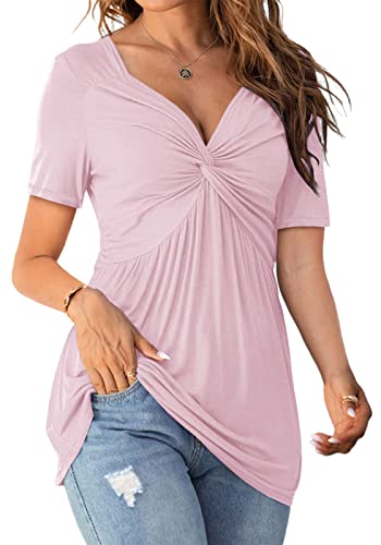 Image of Tankaneo Womens Front Knotted V-Neck Blouse T Shirt Short Sleeve Oversized Tunic Tops Summer Solid Pullover Tees