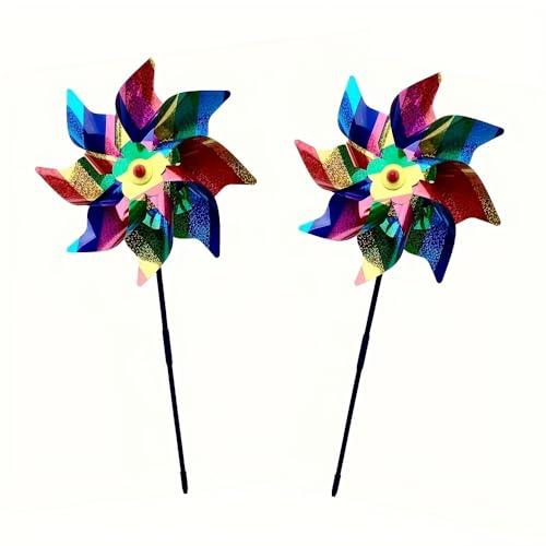 Hercaise 2 Pack Bird Deterrent Pinwheels, Reflective Pinwheels with Stakes from Yard, Garden, Patio - Bird Repellent with Easy Assembly - Silver Dot
