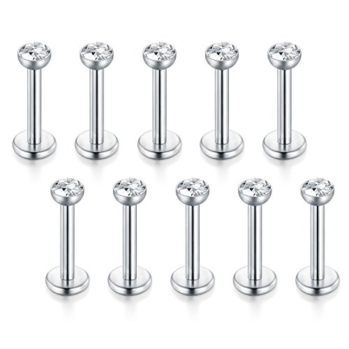 Funseedrr 10pcs 16 Gauge Labio Larbet Stud Piercing Bars Set 6mm 8mm Plata Acero Inoxidable Tragus Helix Piercing Joyas Cover