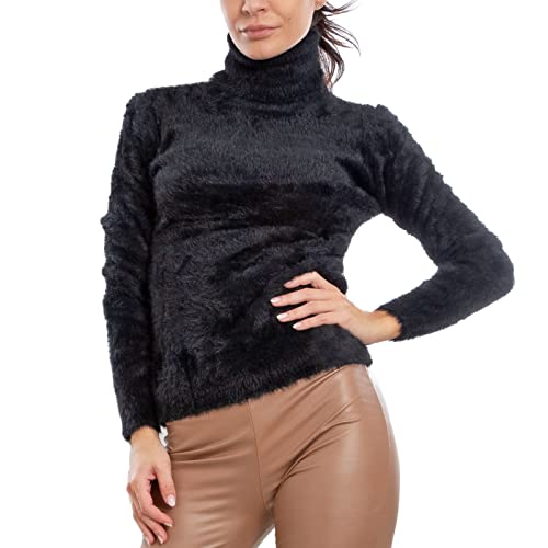Toocool Pull Femme Col Haut Poilu Eco Fourrure Pull VI-9518, Noir , S-M