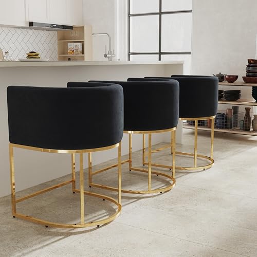 RIVOVA Contemporary Black Velvet Bar Stools Set of 3, 24' Upholstered Fabric Counter Height Barstools Kitchen Counter Island Stools with Screwed Together Golden Metal Base