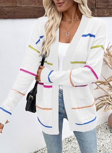 Sidefeel Women's Lightweight Cardigan Sweaters Open Front Long Sleeve Casual Striped Cardigans with Pockets3