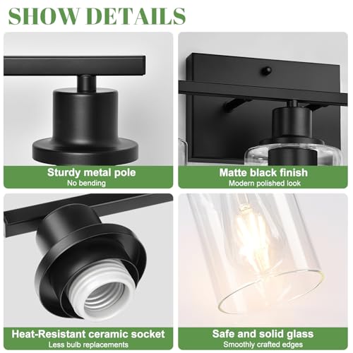 Image of MOKATNG 3-Light Bathroom Light Fixtures, Vanity Light with Clear Glass Shades, Matte Black Bathroom Light Fixtures Over Mirror, Modern Bathroom Wall Lamp for Mirror Living Room Cabinet Bedroom