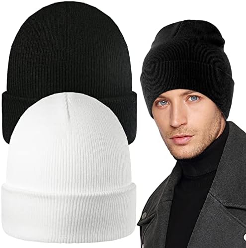 2PCS Beanie for Men, Stretchy Soft Cuffed Wooly Beanie with Thick Warm Lining, Unisex Classic Winter Hat, Gifts for Women Men Her Him Dad (Black and White)