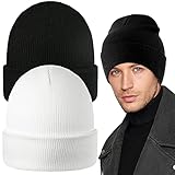 2PCS Beanie for Men, Stretchy Soft Cuffed Wooly Beanie with Thick Warm Lining, Unisex Classic Winter