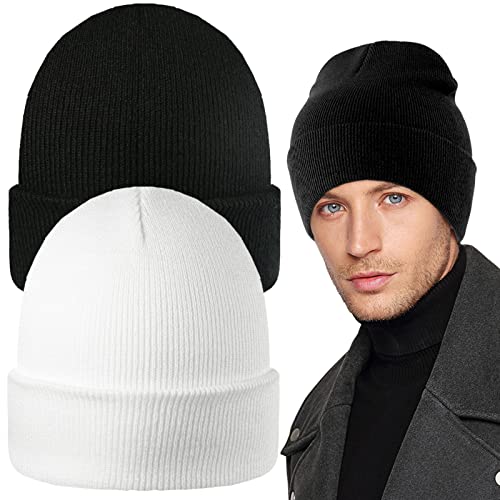 2Pcs Beanie For Men, Stretchy Soft Cuffed Wooly Beanie With Thick Warm Lining, Unisex Classic Winter Hat, Gifts For Women Men Her Him Dad (Black And White) #TOP2