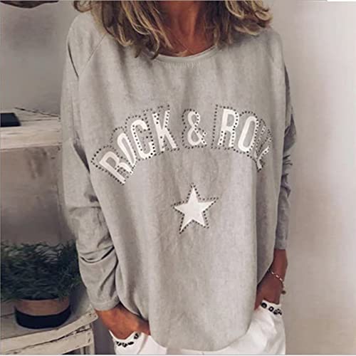 PKYGXZ Camisetas De Mujer con Estampado De Diamantes, Cuello Redondo, Sudadera De Manga Larga, Suéter Suelto Informal, Tops, Camisetas Deportivas con Estilo, Blusa,Gris,L Cover