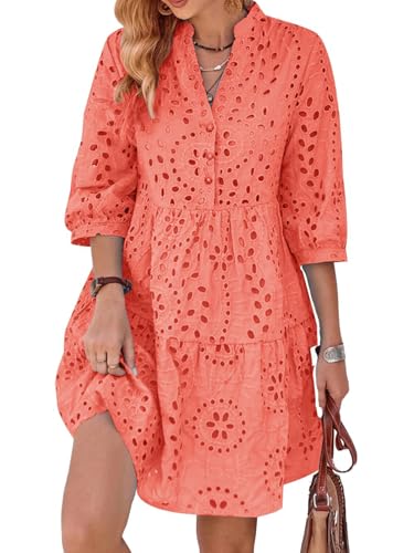 utcoco Women's 2025 Eyelet Lace Midi Dress V Neck Puff 3/4 Sleeve Button Tiered Sexy A Line Sun Dress