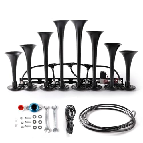 Cenzhiwen 8-Trumpet Train Horn Metal Kit, 800dB super loud Air horn.Truck horns Suitable for 12V Large vehicles, such as semi-automatic driving/pickup/cars/trucks/RVs/SUVs, etc. (black wiht button)