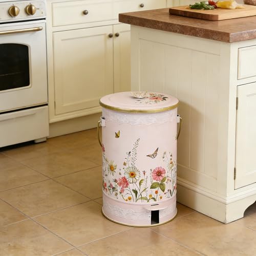 Image of Pink Floral Metal Step Trash Can with Lid, 8L Vintage Butterfly & Wildflower Decorative Waste Basket with Handles for Bathroom, Bedroom, Kitchen, 14.57 inch x 9.84 inch