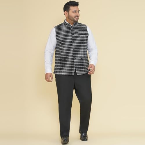 Image of JOHN PRIDE Plus Size Men Checked Tweed Black Nehru Jacket (JPNJ7513 Black)