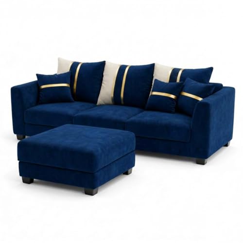 Image of Vero Plush Comfort Sofa Set | 3 Seater + 2 Seater with Ottoman | Luxury Velvet Suede Fabric | Modern Living Room Sofa | Dark Blue