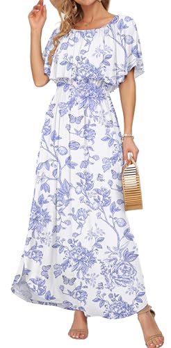 Image of AUSELILY Womens Off Shoulder Ruffle Split Summer Maxi Dresses with Pockets | Off-shoulder Ruffle dress with empire waist & side split for summer beach and casual parties