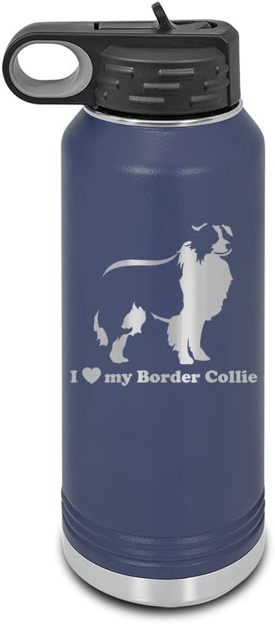 I Love My Border Collie Laser Engraved Water Bottle Customizable Polar Camel Stainless Steel Many Colors Sizes with Straw - sheep dog - 32 oz - Navy Blue