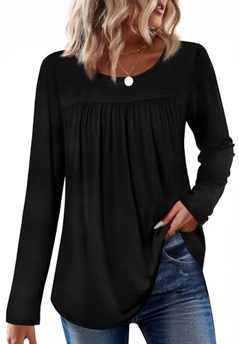 WIHOLL Long Sleeve Shirts for Women Pleated Fall Tops Crewneck Casual Tunic Tops to Wear with Leggings Fashion Clothing