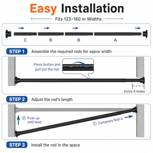 Image of ALLZONE Tension Curtain Rod for Windows, 123 to 160 Inch, Heavy Duty Extra Long Curtain Rods, Non-Slip Bathroom Shower Tension Rod, Renter Friendly, Adjustable, Spring Loaded, Black