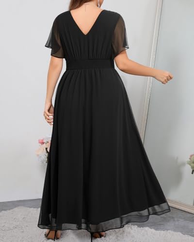 Image of Talisea Plus Size Formal Dresses - V Neck Flutter Sleeve Glitter Prom Evening Gowns Wedding Guest Chiffon Long Maxi Dress