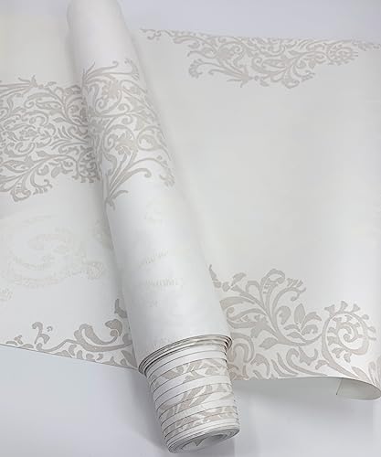 Q Qihang European Style 3D Damask Pearl Powder Non-Woven Wallpaper Roll Cream Color 0.53M X 10M=5.3㎡ #TOP5